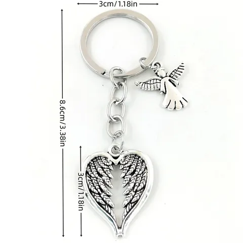 Portachiavi con Ali di Angelo Custode e Cuore in Lega d'Argento Vintage Ciondolo ad Angelo Svuotato per Donna Uomo Regalo Gioielli
