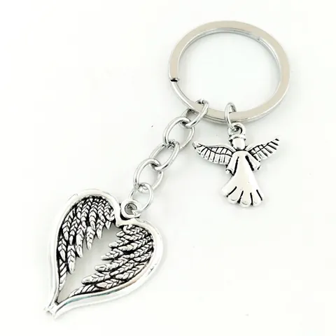 Portachiavi con Ali di Angelo Custode e Cuore in Lega d'Argento Vintage Ciondolo ad Angelo Svuotato per Donna Uomo Regalo Gioielli