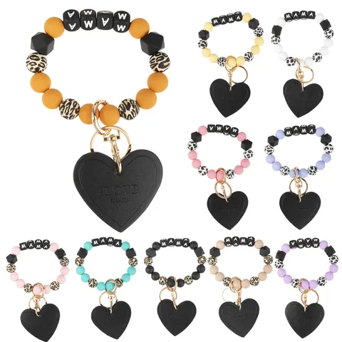Portachiavi con Perline di Silicone Polsino Pendente a Cuore Pelle Stampa Leopardata Lettere MAMA Lega per la Festa della Mamma