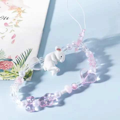 Charm per Telefono con Perline Rosa Con Ciondolo a Forma di Coniglio in Resina Fiocco Cuore Cordino per Telefono Donna Borse