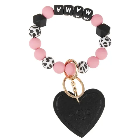 Portachiavi con Perline di Silicone Polsino Pendente a Cuore Pelle Stampa Leopardata Lettere MAMA Lega per la Festa della Mamma