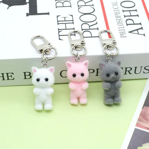 Cute Flocked Cat Keychain Simulation Mini Animal Plush Key Ring Bag Pendant For Women Girls Accessory Cat Lover Gift