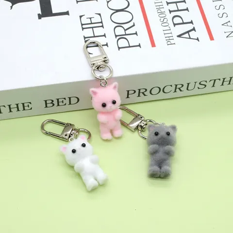 Cute Flocked Cat Keychain Simulation Mini Animal Plush Key Ring Bag Pendant For Women Girls Accessory Cat Lover Gift