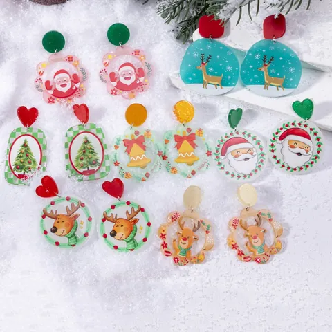 Christmas Acrylic Drop Earrings Cartoon Santa Claus Elk Reindeer Gingerbread House Tree Bell Festive Holiday Jewelry For Women Gift