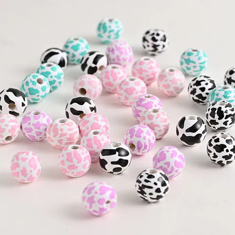 Perles en Bois Imprimé Vache Thème Ferme Couleurs Mélangées Perles Intercalaires en Bois Peintes pour la Création de Bijoux DIY Artisanat