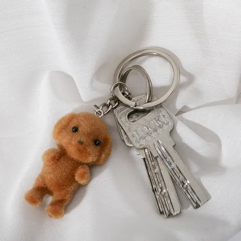Cute Flocked Brown Poodle Dog Keychain Resin Animal Pendant For Backpack Charms Jewelry Accessories For Women Girls Gift