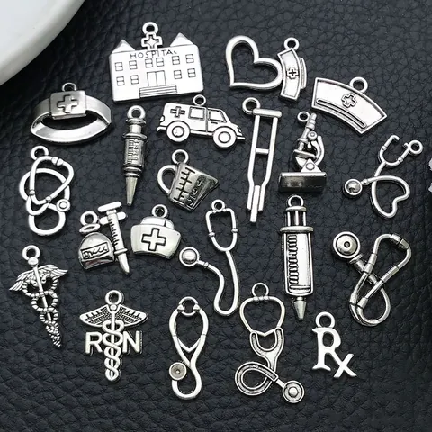 Medical Theme Antique Silver Alloy Pendants Charms For DIY Jewelry Making Stethoscope Syringe Nurse Hat Necklace Bracelet Accessories