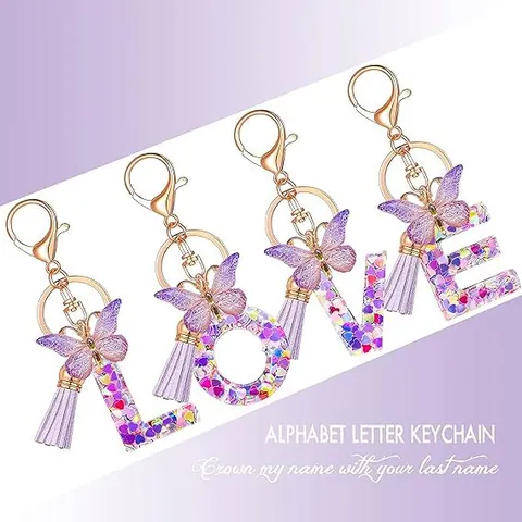 Resin Alphabet Letter Keychain With Heart Glitter Purple Butterfly Tassel Gold Plated Metal Lobster Clasp Key Ring For Women