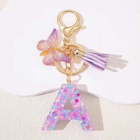 Resin Alphabet Letter Keychain With Heart Glitter Purple Butterfly Tassel Gold Plated Metal Lobster Clasp Key Ring For Women
