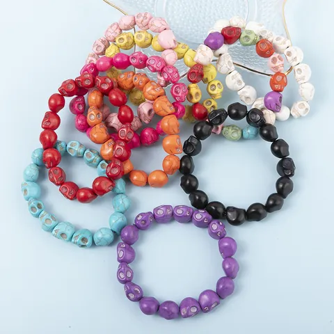 Punk Skull Beaded Bracelet Colorful Synthetic Turquoise Stone Elastic Wristband Gothic Halloween Jewelry For Men Women