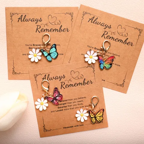 Enamel Butterfly Daisy Charm Keychain With Inspirational Quote Card Alloy Lobster Clasp Bag Pendant For Women Girls Gift