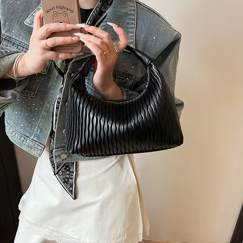 Bolso de Hombro Plisado para Mujer Cuero PU Bolso Hobo Gran Capacidad Retro Francés Bandolera Casual Color Sólido
