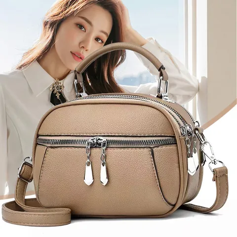Women Vintage Pebbled PU Leather Handbag Multi Zipper Crossbody Bag Simple Solid Color Small Square Bag With Top Handle