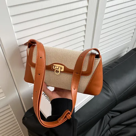 Bolso de Hombro para Mujer Vintage Francés Color de Contraste Lona PU Empalme Bolso Bandolera Baguette Cierre de Metal Dorado Bolso de Moda