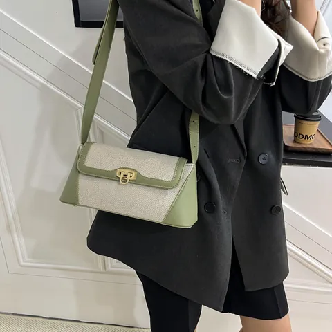 Bolso de Hombro para Mujer Vintage Francés Color de Contraste Lona PU Empalme Bolso Bandolera Baguette Cierre de Metal Dorado Bolso de Moda