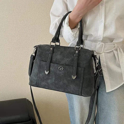 Damen Vintage Boston Handtasche Retro PU Leder Große Kapazität Tote Mit Verstellbarem Schultergurt Herz Metall Schnalle Dekor