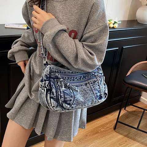 Borsa a Tracolla in Denim Lavato Vintage per Donna Grande Capacità Multi Tasca Borsa a Spalla Dumpling Y2K Streetwear Moda Borsa