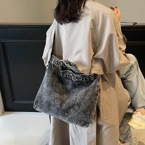 Bolso Tote de Denim Vintage para Mujer Gran Capacidad Bolso de Hombro Casual de Lona con Correa Ajustable