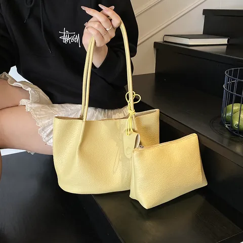 Sac Fourre-tout en Cuir PU Motif Litchi pour Femmes Ensemble Deux Pièces Grande Capacité Sac à Bandoulière Minimaliste