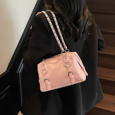 Bolso de Mano Boston de Cuero de PU para Mujer Minimalista Color Sólido Bolso de Hombro Cadena de Plata Bolso Cruzado de Moda
