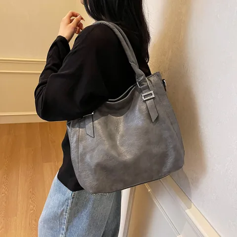 Damen Vintage Große Kapazität PU Leder Tote Bag Retro Stil Schulter Umhängetasche Praktische Pendeln Alltagstasche