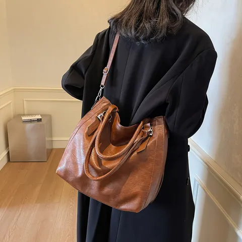 Damen Vintage Große Kapazität PU Leder Tote Bag Retro Stil Schulter Umhängetasche Praktische Pendeln Alltagstasche