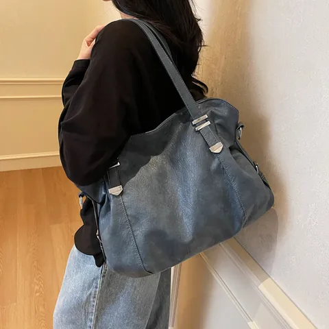 Bolso Tote de Cuero PU Vintage de Gran Capacidad para Mujer Color Sólido Bolso de Hombro Retro Con Correa Ajustable Bolso de Trabajo