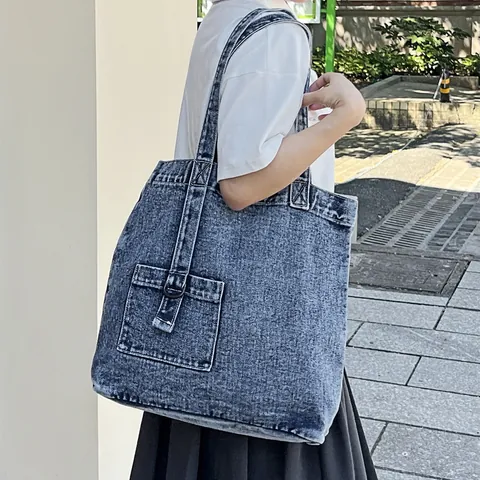 Vintage Denim Tragetasche Große Kapazität Säurewaschung Schulterhandtasche Mit Fronttasche D-Ring Lässige Streetwear Damen Einkaufstasche