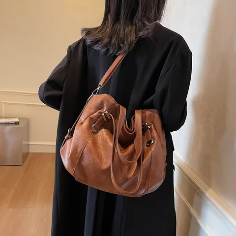 Vintage Large Capacity PU Leather Tote Bag For Women Solid Color Retro Shoulder Bag With Adjustable Strap Commuting Handbag