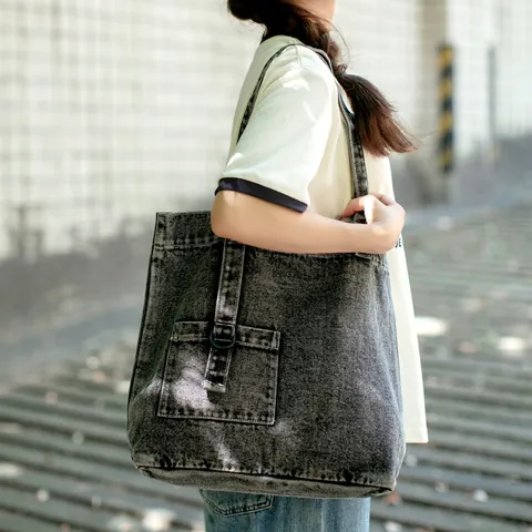 Vintage Denim Tragetasche Große Kapazität Säurewaschung Schulterhandtasche Mit Fronttasche D-Ring Lässige Streetwear Damen Einkaufstasche