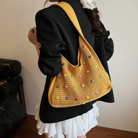 Bohemian Hand Knitted Tote Bag With Colorful Beads Women Casual Hollow Out Crochet Shoulder Bag Versatile Travel Beach Handbag
