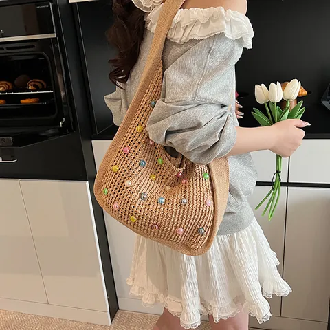 Bohemian Hand Knitted Tote Bag With Colorful Beads Women Casual Hollow Out Crochet Shoulder Bag Versatile Travel Beach Handbag
