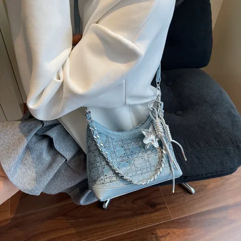 Women Fashion Denim Tweed Crossbody Handbag With Rhinestone Rivet Chain Star Charm Large Capacity Y2K Stylish Shoulder Bag