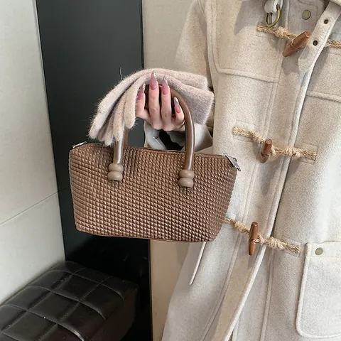 Sac à Main Femme Rétro Français en Cuir PU Texture Tissée Sac en Bandoulière à Carreaux Minimaliste Tote Bag Polyvalent