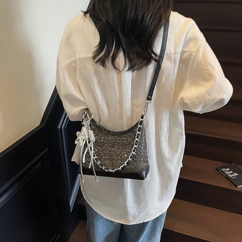 Women Fashion Denim Tweed Crossbody Handbag With Rhinestone Rivet Chain Star Charm Large Capacity Y2K Stylish Shoulder Bag