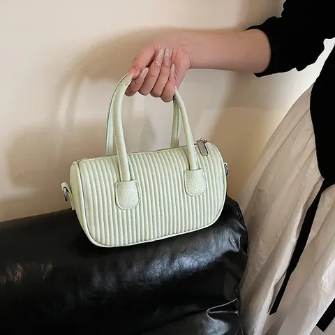 Women's Vintage PU Leather Barrel Shoulder Bag With Vertical Pleated Design Fashion Crossbody Handbag For Daily Commute