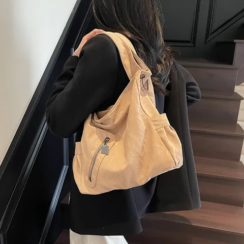 Sac Fourre-tout en Cuir PU Grande Capacité Pour Femmes Texture Plissée Vintage Sac à Bandoulière Minimaliste Navettage