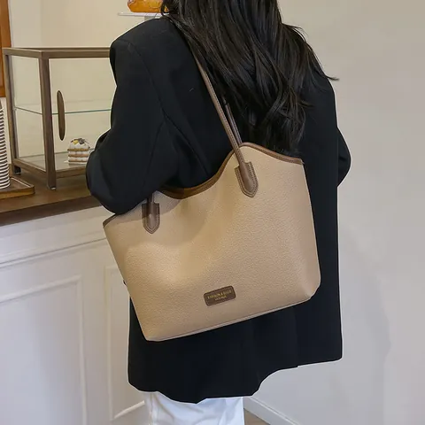 Women Large Capacity Tote Bag PU Leather Lychee Grain Vintage Casual Shoulder Bag Commute Top Handle Contrast Color Handbag