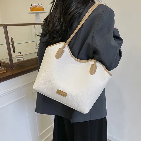 Women Large Capacity Tote Bag PU Leather Lychee Grain Vintage Casual Shoulder Bag Commute Top Handle Contrast Color Handbag