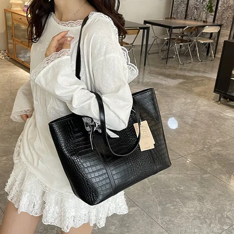 Borsa Tote da Donna Vintage con Motivo a Coccodrilo Grande Capacità in Pelle PU con Sciarpa di Raso per Ufficio Pendolarismo