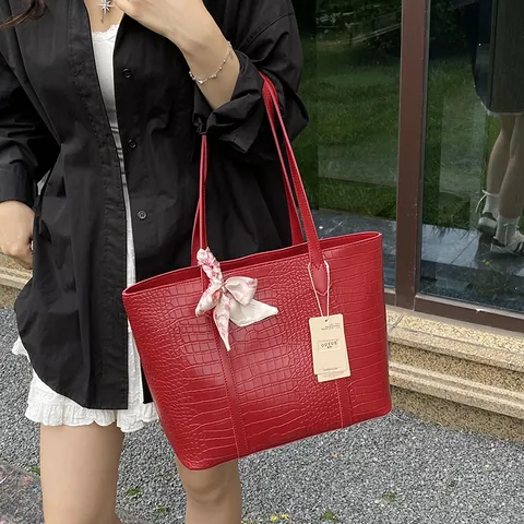 Borsa Tote da Donna Vintage con Motivo a Coccodrilo Grande Capacità in Pelle PU con Sciarpa di Raso per Ufficio Pendolarismo