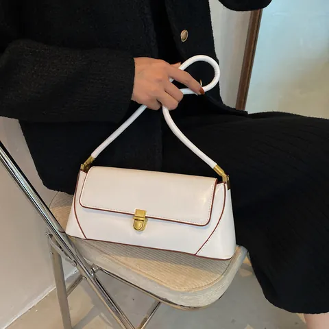 Bolso de Axila de Cuero PU Vintage para Mujer Minimalista Color Sólido Bolso Baguette Con Cierre de Metal Bolso de Hombro Casual