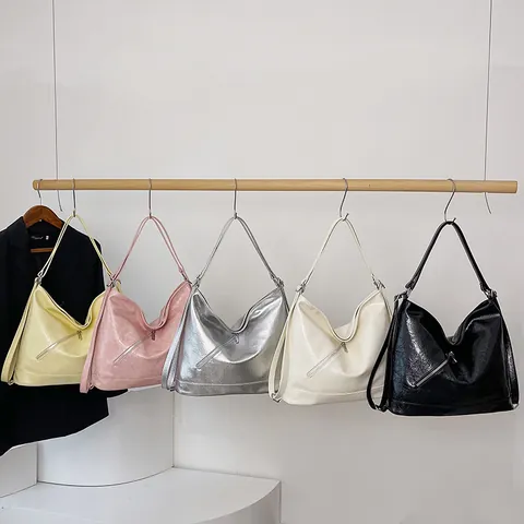 Borsa Tote da Donna Vintage di Alta Classe Grande Capacità Pelle PU Texture Increspata Metallica Borsa a Spalla Hobo