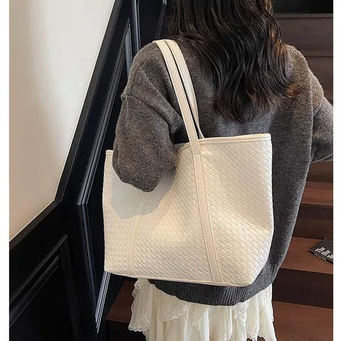 Bolso Tote Tejido de Gran Capacidad para Mujer Cuero PU Color Sólido Bolso de Mano Chic Bolso de Hombro para Trabajo Estilo Coreano