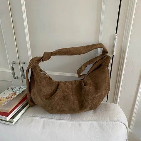 Borsa Hobo da Donna Retro in PU Effetto Scamosciato Grande Borsa a Mezzaluna a Tracolla Con Tracolla Annodata Borsa Daily