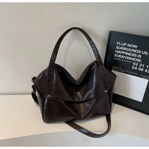 Bolso Tote de Cuero PU con Cera de Aceite Vintage Gran Capacidad para Mujer Bolso de Hombro Arrugado Minimalista con Doble Correa