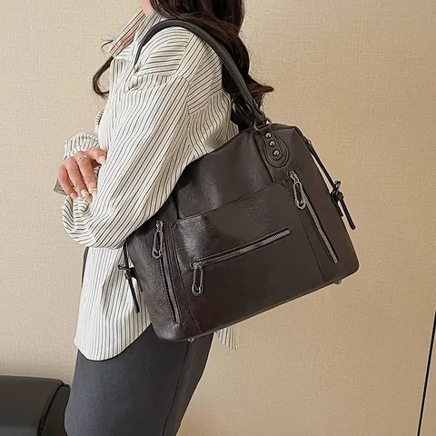 Damen Vintage Große Kapazität PU Leder Tote Bag Multi-Reißverschluss Umhängetasche Retro Pendeln Crossbody Tasche Für Arbeit