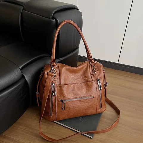 Damen Vintage Große Kapazität PU Leder Tote Bag Multi-Reißverschluss Umhängetasche Retro Pendeln Crossbody Tasche Für Arbeit