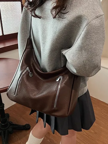Women Vintage Large Capacity Hobo Bag PU Leather Solid Color Multi Zipper Single Shoulder Crossbody Bag For Casual Travel