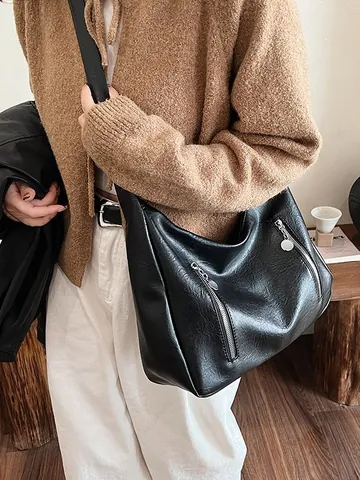 Women Vintage Large Capacity Hobo Bag PU Leather Solid Color Multi Zipper Single Shoulder Crossbody Bag For Casual Travel